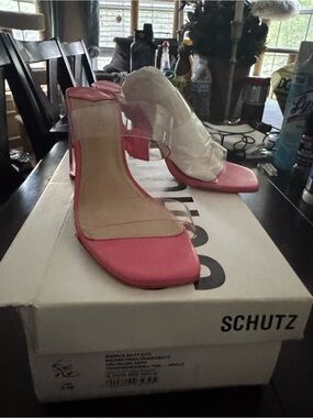 Schutz Ariella Pink Clear-Strap Block Heel Sandals